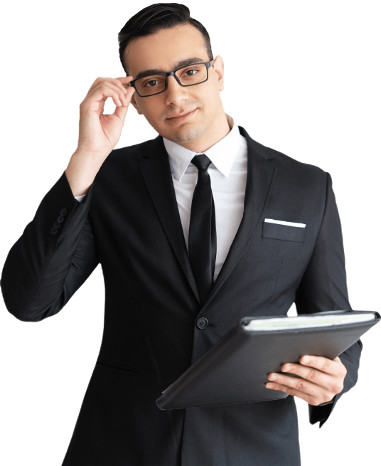 Image of a professional lawyer holding a notebook.